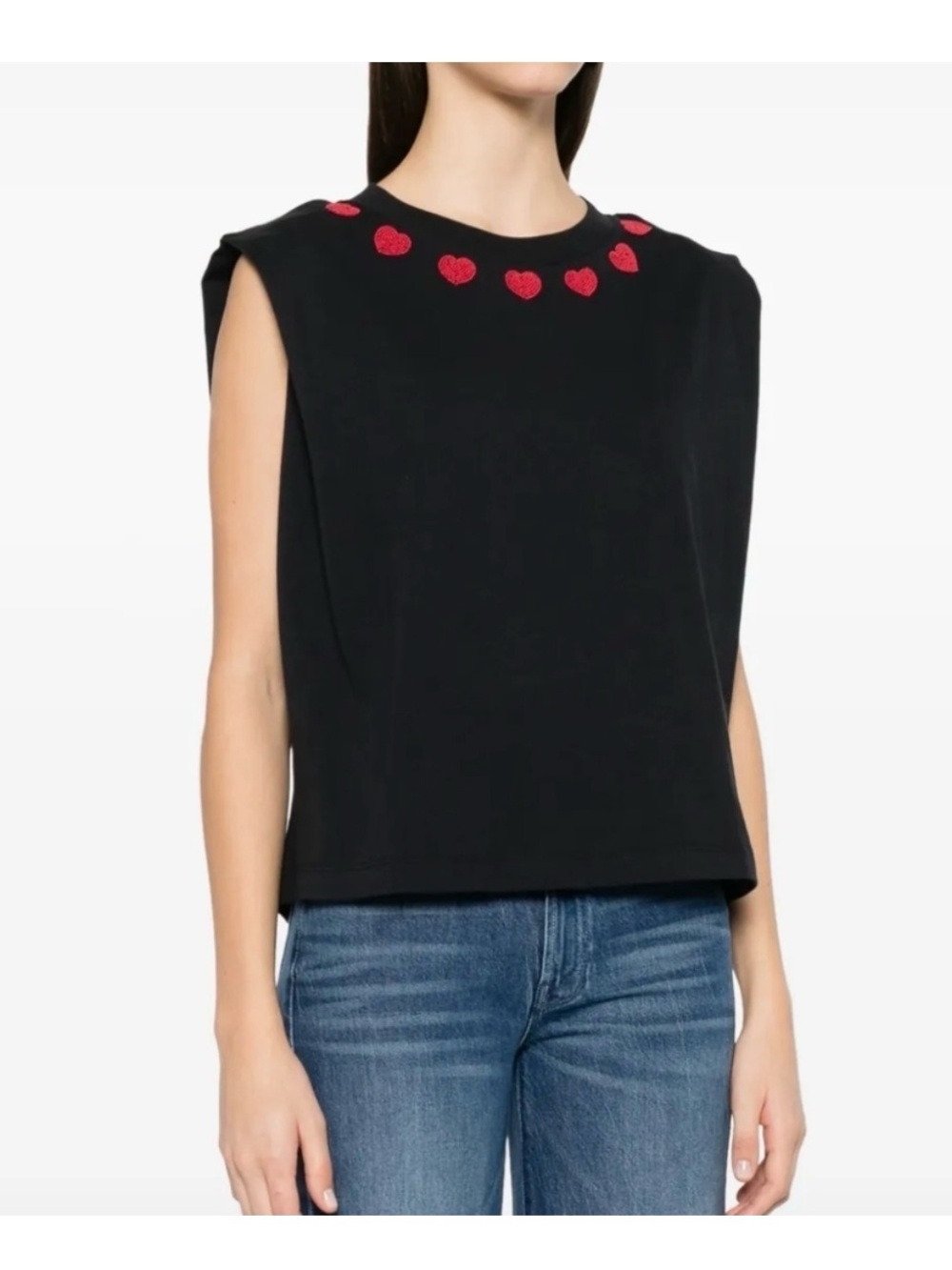 Farm Rio Black Sleeveless Top with Red Heart Embroidery - Women's Top